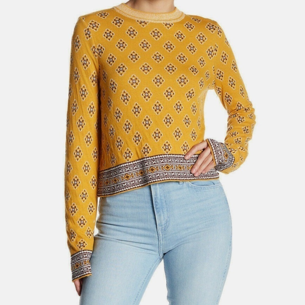 FREE PEOPLE Yellow New Age Print Cotton Blend Crew Neck Sweater size L